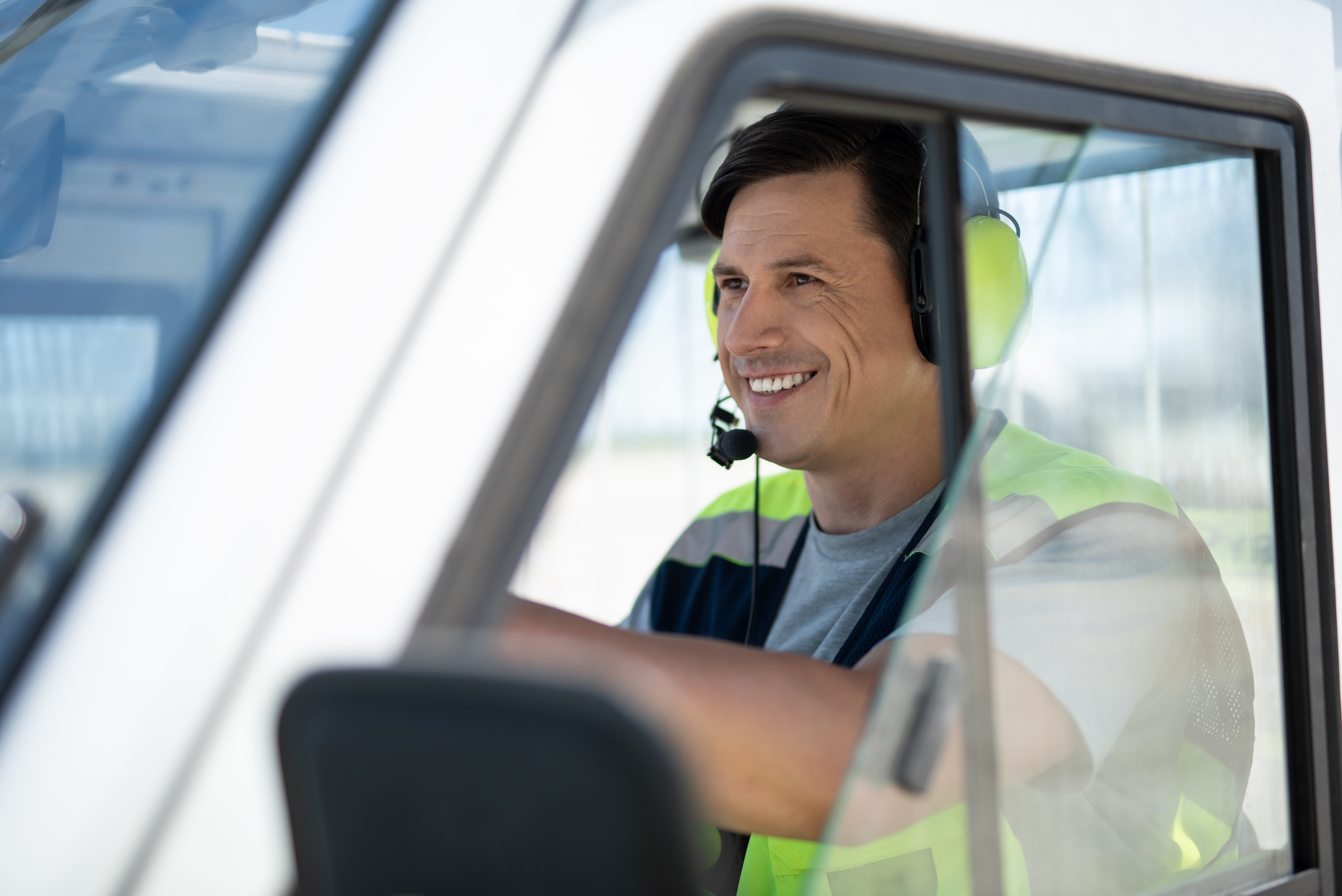 trucker with headphones